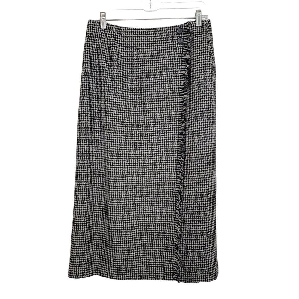 Talbots Faux Wrap Midi Skirt 100% Wool Houndstooth Lined Classic Womens Size 12